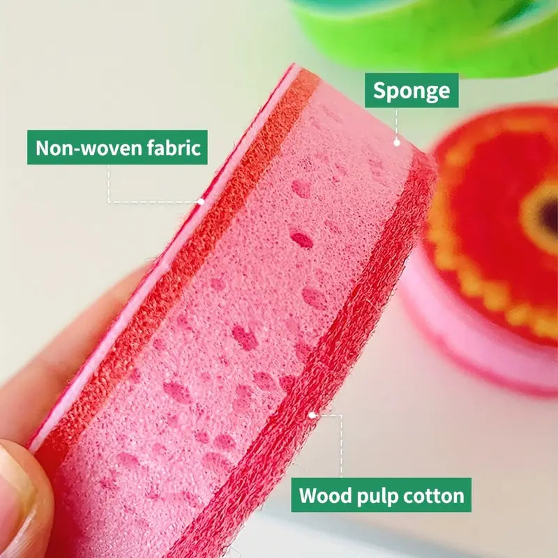 Trijų sluoksnių indų plovimo kempinė su vaisių raštu