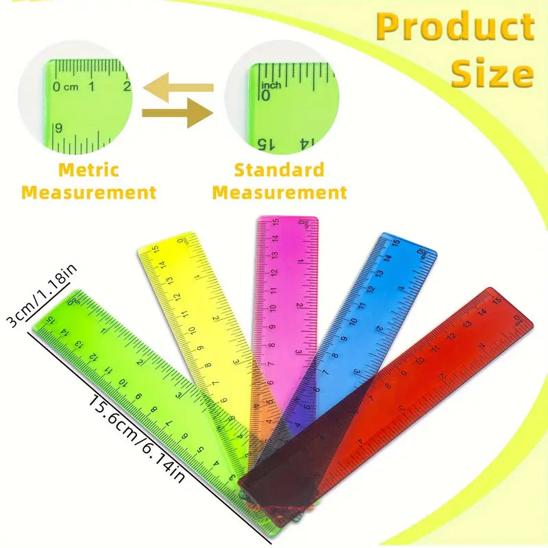 Skaidrios spalvotos plastikinės liniuotės su tikslia skale – 15 cm