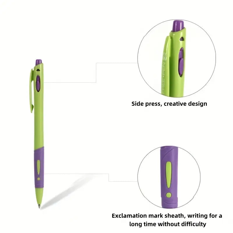 Spalvotas plastikinis ištraukiamas tušinukas su mėlynu rašalu.