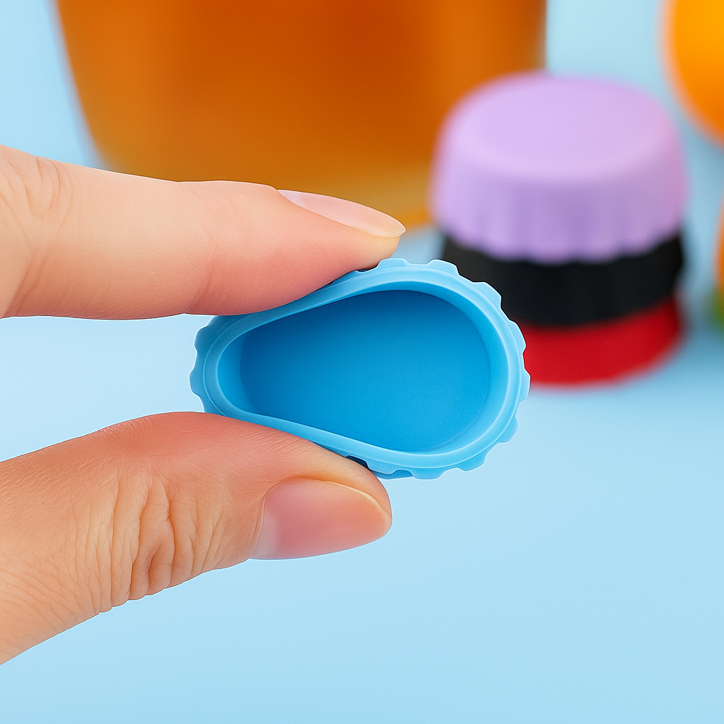 Hand holding a blue bottle cap against a colorful background