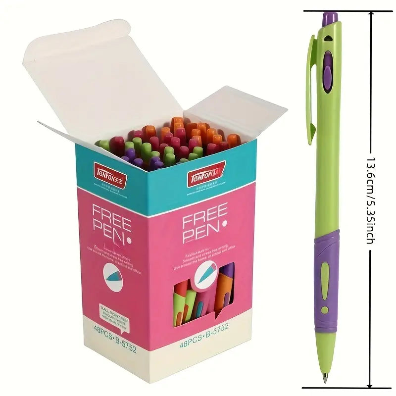 Spalvotas plastikinis ištraukiamas tušinukas su mėlynu rašalu.