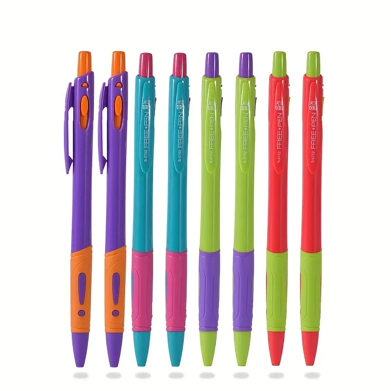 Spalvotas plastikinis ištraukiamas tušinukas su mėlynu rašalu.