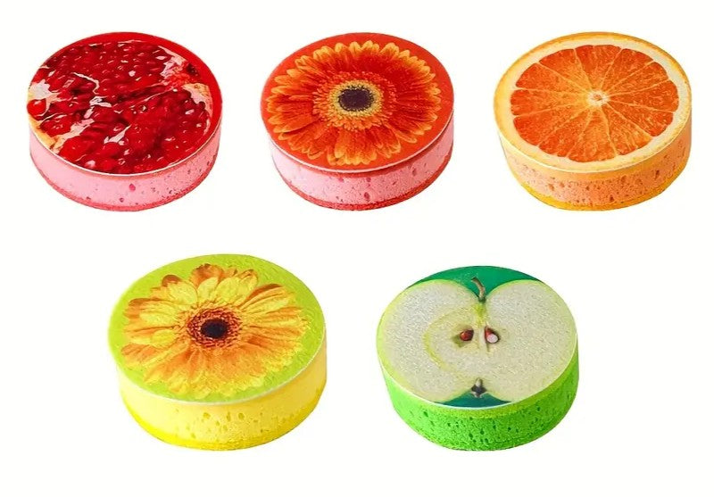 Trijų sluoksnių indų plovimo kempinė su vaisių raštu