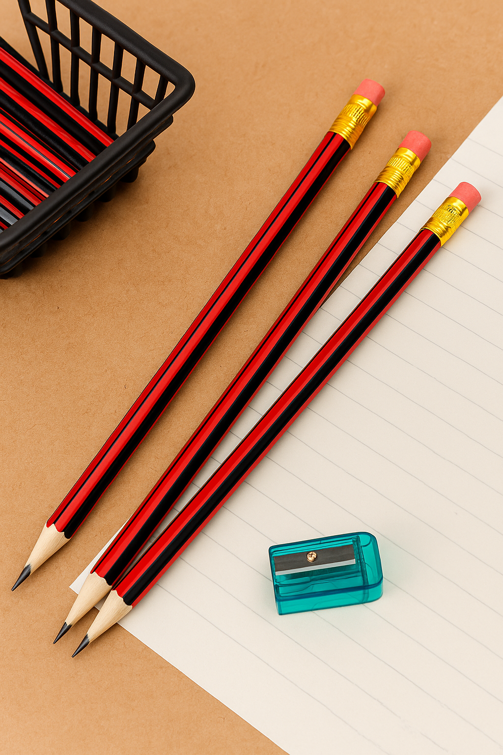 Three red and black pencils with pink erasers on a brown surface next to a green pencil sharpener.