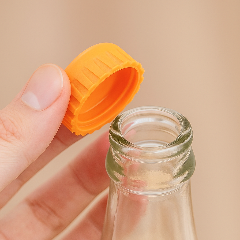 Hand holding a clear glass bottle with an orange cap against a beige background