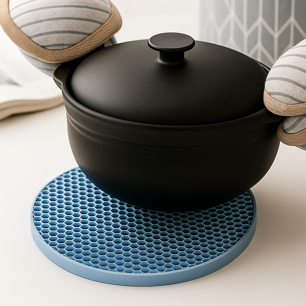 Black pot with lid held by oven mitts on a white surface with a blue trivet.