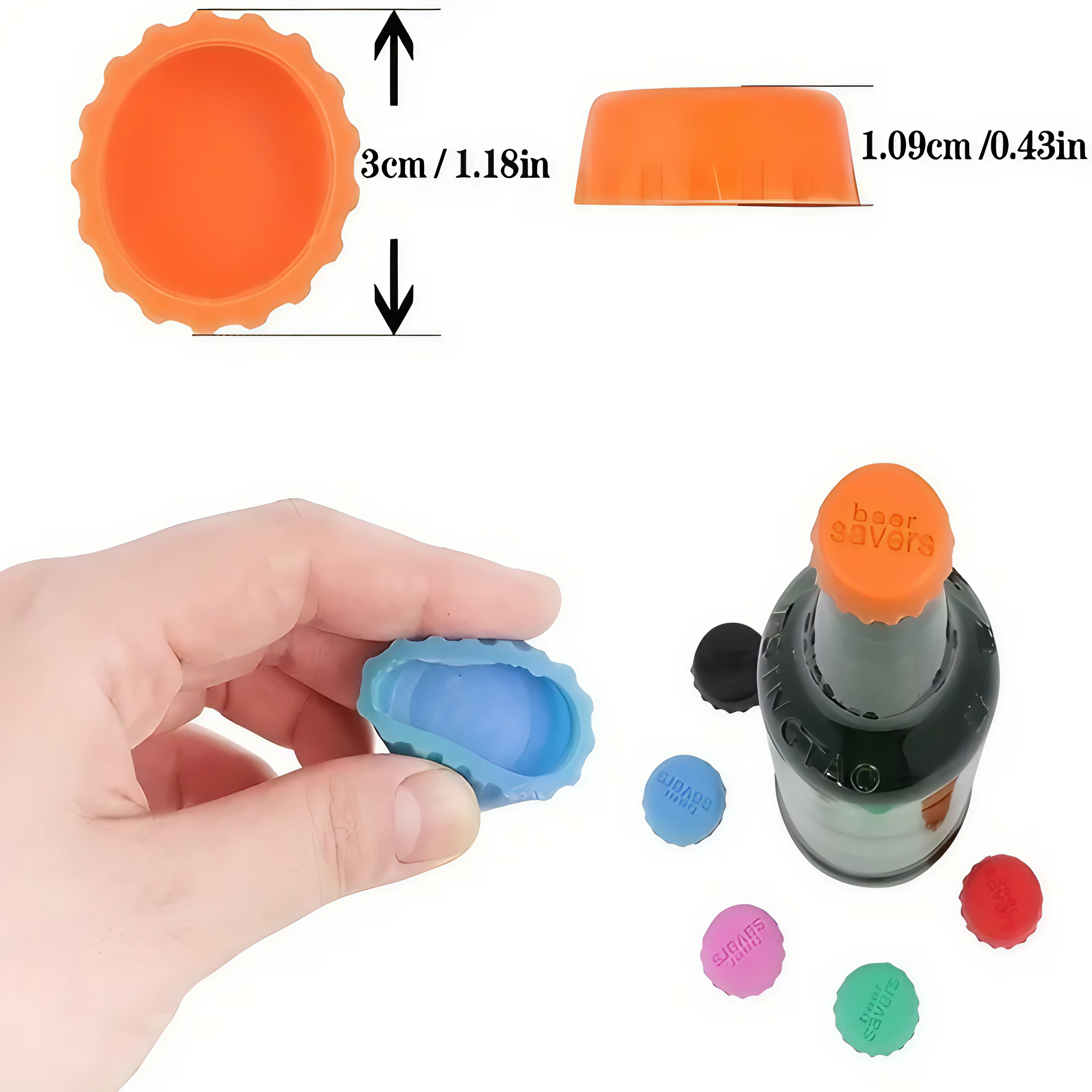 Orange bottle cap with measurements and a hand holding a blue bottle cap, showing various colored bottle caps on a white background.