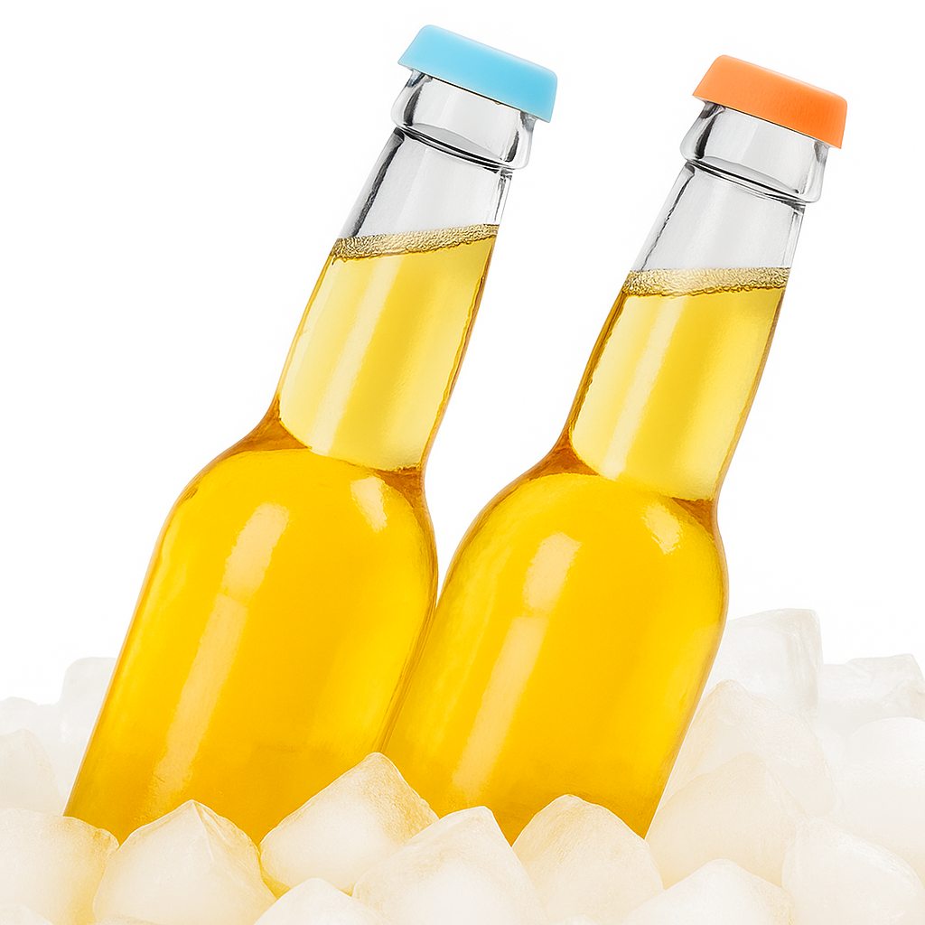 Two bottles of yellow liquid with colorful caps on a white background